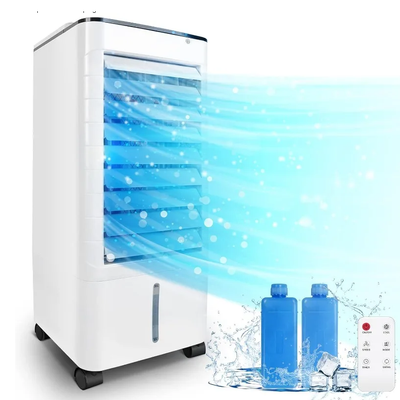 Portable air cooling fan with evaporative humidifier and remote control for energy-efficient cooling and air purification
