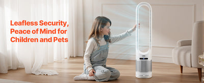 Child sitting beside a white bladeless tower fan with airflow shown, highlighting safety for children and pets.